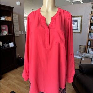 Apt 9 orange long roll tab sleeves Vneck button up blouse-size XL